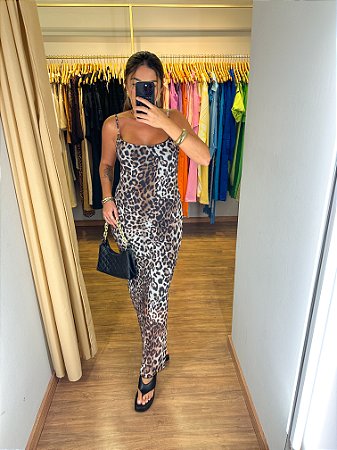 Vestido Tule Alça Leopardo
