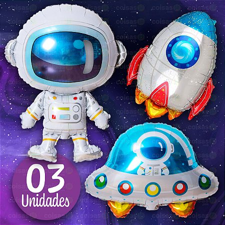 Kit 3 Balão Astronauta Foguete Nave Metalizado Grande Festa Aniversário