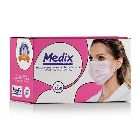 Máscara Tripla Descartável Com Filtro (BFE) Rosa Medix Brasil 50 unidades