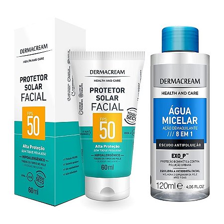 Kit Protetor Solar Facial FPS 50 60ml e Água Micelar 120ml Dermacream