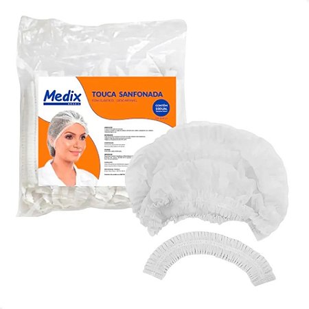 Touca Descartável Sanfonada com Elástico Branca Medix 100 unidades