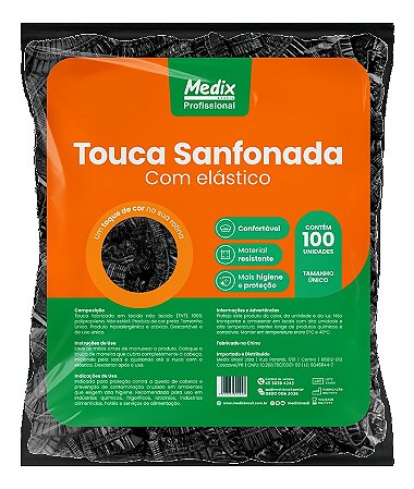 Touca Descartável Sanfonada com Elástico Preta Medix 100 unidades