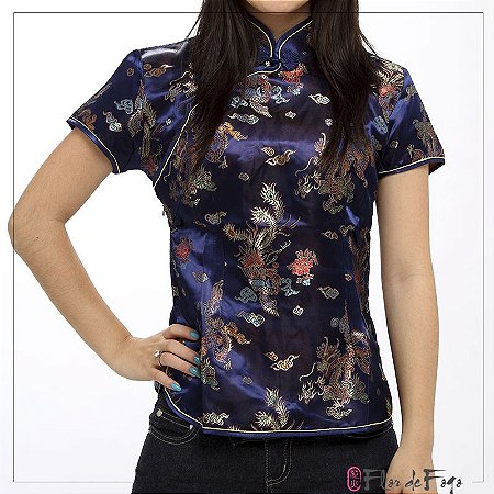 Blusinha Chinesa Dragão e Fênix Azul