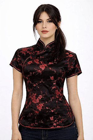 Blusinha Chinesa Cerejeira Preto c/ Vermelho