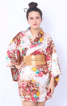 Kimono Curto Cetim Branco e Marrom