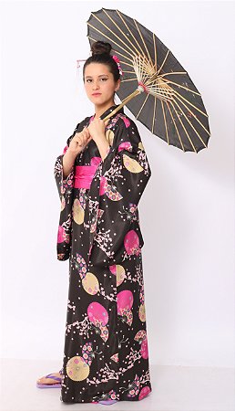 Kimono Longo Wagasa Preto c/ Pink