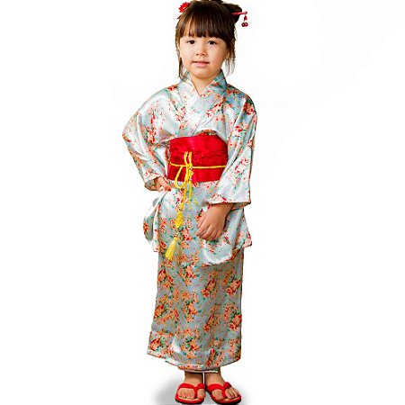Kimono Infantil Flores Cetim Azul