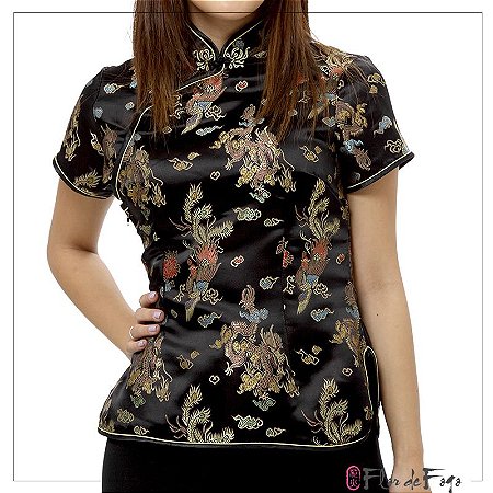 Blusinha Chinesa Dragão e Fênix Preto