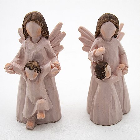 Kit Imagem 1 Anjo da Guarda com Menino e 1 Anjo da Guarda com Menina Resina 6,5 cm