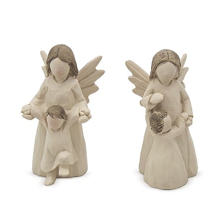 Kit Imagem 1 Anjo da Guarda com Menino e 1 Anjo da Guarda com Menina Resina 6,5 cm