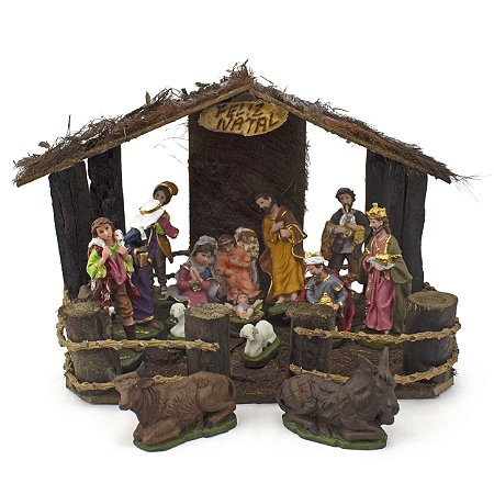 Kit Presépio Resina 14 Peças 12 cm com Casinha N2