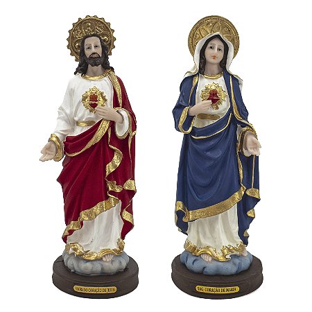Kit Imagem Sagrado Coração de Jesus e Maria Resina 23 cm