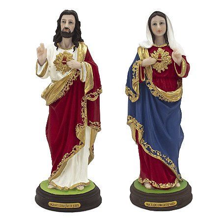 Kit Imagem Sagrado Coração de Jesus e Maria Resina 22 cm