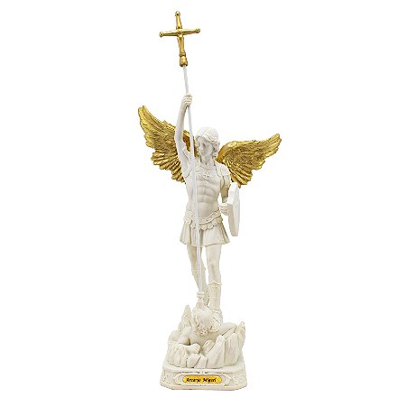 Imagem São Miguel Arcanjo Lança Importado Resina Branco 31 cm