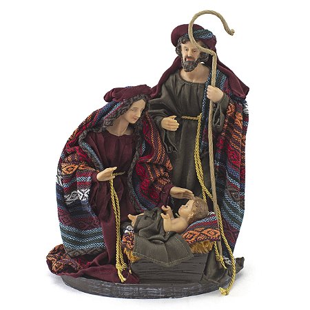 Imagem Sagrada Família Tecido Colorido Importada Resina 30 cm