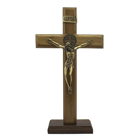 Crucifixo de Mesa Tradicional Madeira com Medalha de São Bento 29 cm