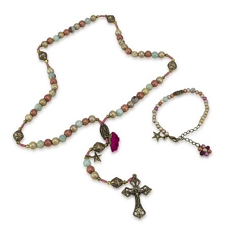 Kit Terço e Pulseira Nossa Senhora de Guadalupe Madeira 8 e 4 mm