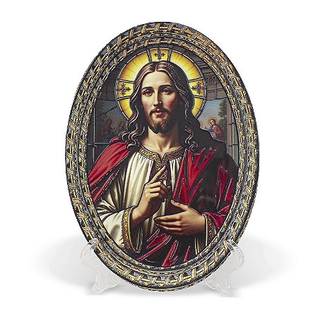 Adorno De Mesa/Parede Sagrado Coração de Jesus Vitral Alto Relevo Importado Resina 29 cm
