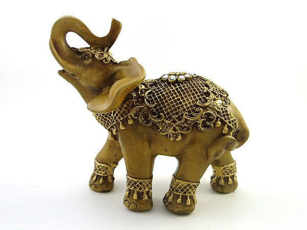 Estátua Elefante Flor Nas Costas Marrom e Dourado Gesso 23 cm