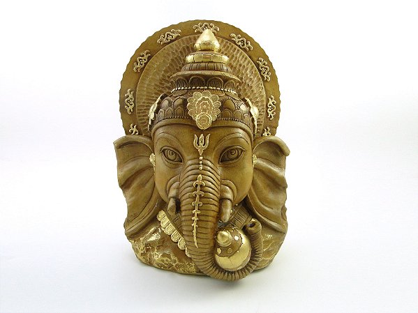 Estátua Cabeça Ganesha Marrom e Dourado Gesso 26 cm