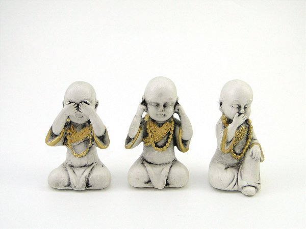 Estátua Trio Mini Buda Branco e Dourado Gesso 8 cm