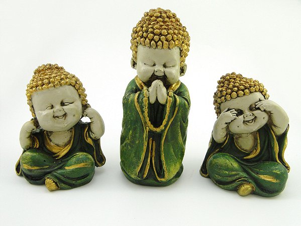 Estátua Trio Buda Verde Gesso 11 cm 17 cm 11 cm