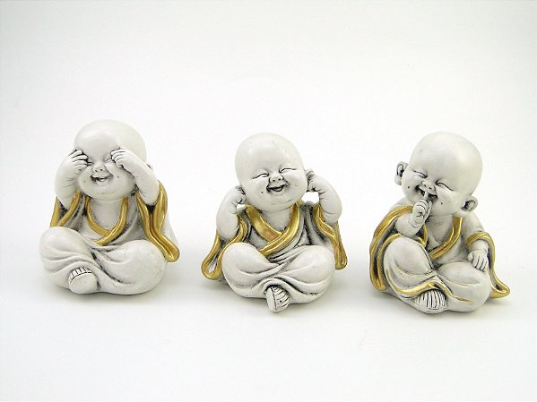 Estátua Trio Buda Branco e Dourado Gesso 8 cm