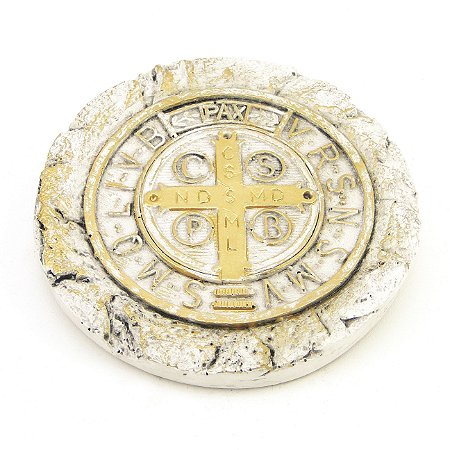 Medalha de São Bento Branco e Dourado Gesso 11 cm