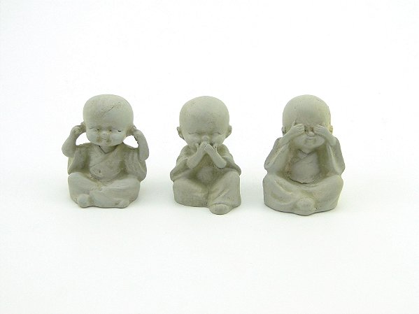 Estátua Trio Mini Buda Chinês cor Cimento Resina 6 cm