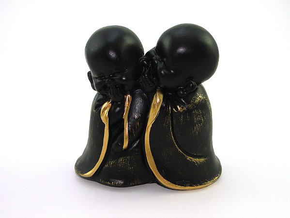 Estátua Dupla Buda Cochichando Preto e Dourado Gesso 12 cm