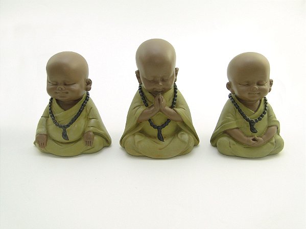 Estátua Trio Buda Mudra Bege Resina 12 cm