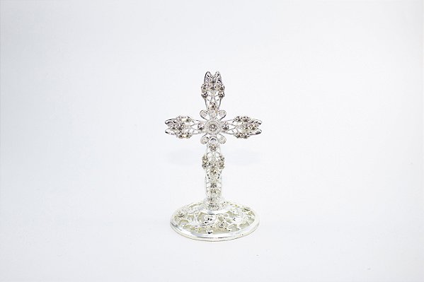 Crucifixo de Mesa Prateado com Strass Metal 11 cm