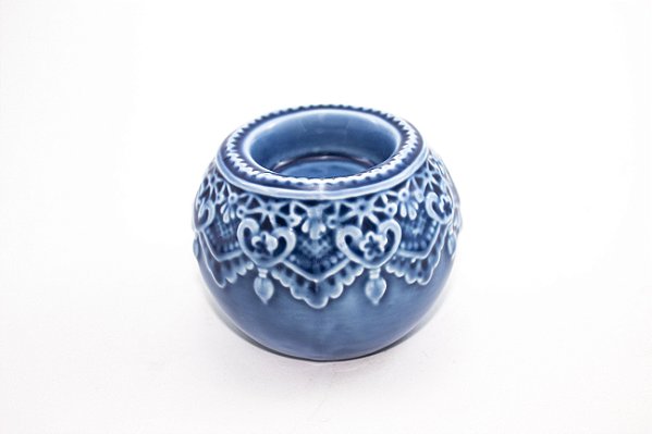 Castiçal Redondo Renda Azul Porcelana 7 cm