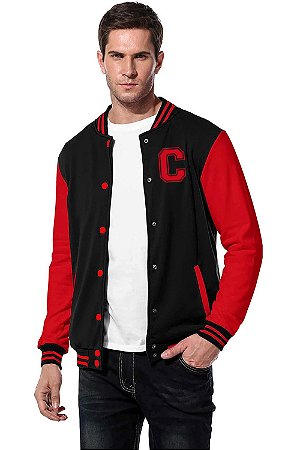 Jaqueta College Americana Black Red Letra C Bordada