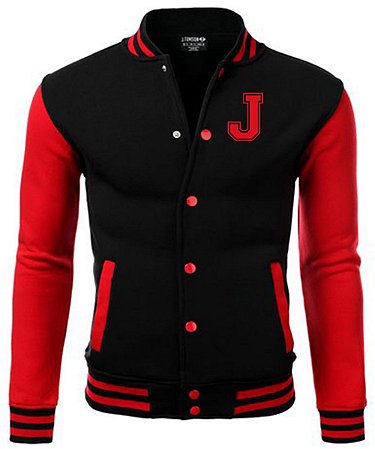 Jaqueta College Americana Black Red Letra J Bordada