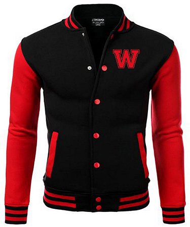 Jaqueta College Americana Black Red Letra W Bordada