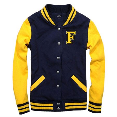 Jaqueta College Americana Blue Yellow Letra F Bordada