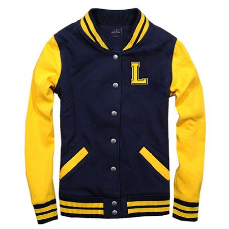 Jaqueta College Americana Blue Yellow Letra L Bordada