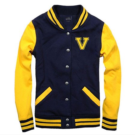 Jaqueta College Americana Blue Yellow Letra V Bordada