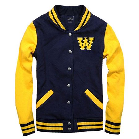 Jaqueta College Americana Blue Yellow Letra W Bordada