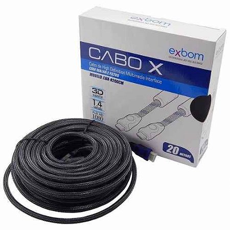 Cabo Hdmi Exbom 20m 1.4 Ethernet 20 Mts Com Malha e Filtro Full Hd 3d 1080p