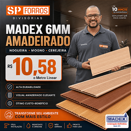 Forro pvc madeira - Mogno-Cerejeira-Nogueira Frisado Régua c/ 1 metro Linear