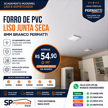 Forro PVC Liso Junta Seca Branco Permatti 8mm | 3, 4, 5, 6 e 7 Metros | R$ 54,90/m²