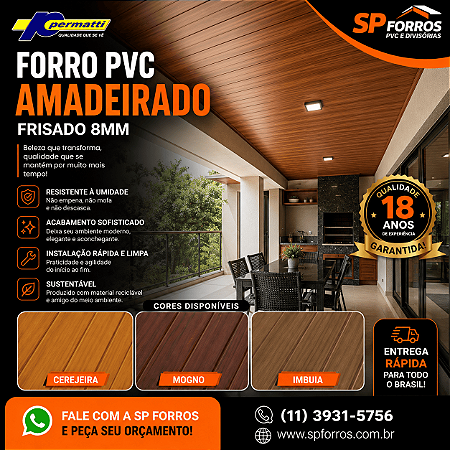 Forro PVC Amadeirado Frisado Permatti 8mm Cerejeira, Mogno e Imbuia | R$59,90/m²