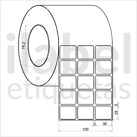 Etiqueta adesiva 30x25mm 3x2,5cm (3 colunas) Couche p/ Zebra ZT230 S4M ZT410 - Rolo c/ 90m Tubete 3 polegadas