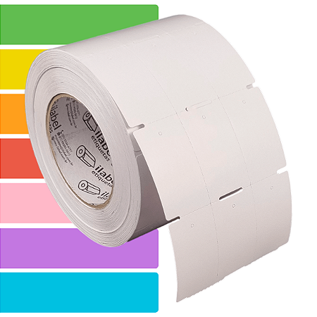 Etiqueta tag roupa 35x60mm 3,5x6cm (3 col) sem picote Couche cartão 150g Zebra ZT230 S4M Rolo 90m Tubete 3 pol