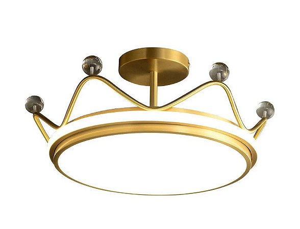 Plafon Luminaria Coroa Dourada 50x21cm Rei Pingente Cristal Sobrepor Borda Infinita wfl-144