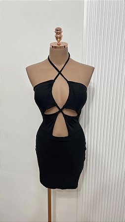 Vestido Preto com Amarração e Recortes