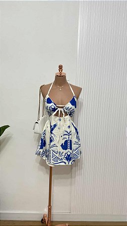 Vestido Curto Azul Estampado