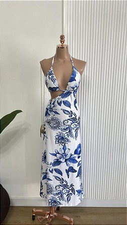 Vestido Longo Estampado Azul